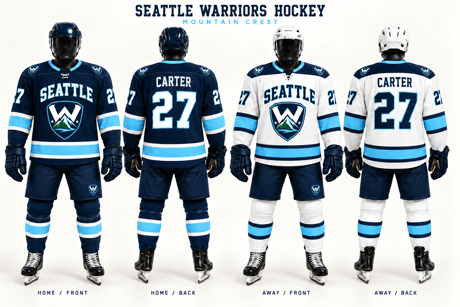 Approved Seattle Warriors uniform concepts: navy home and white away, with arched SEATTLE lettering and the two-star mountain shield on both chest crests.